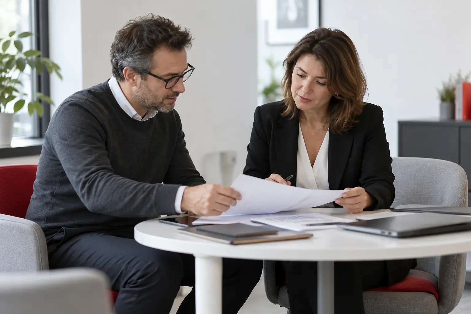 Deux dirigeants anonymes de petites entreprises échangent des documents autour d’une petite table dans un lieu professionnel lumineux et sobre, moment de travail entre pairs, sans poignée de main, logo de réseau ou événement réel.