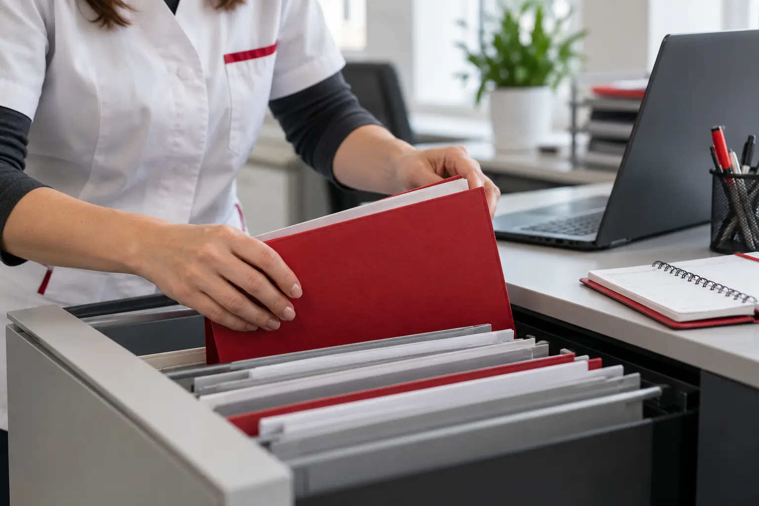 Gros plan sur l’organisation documentaire d’un secrétariat médical : mains classant un dossier fermé, ordinateur de côté et agenda sans texte lisible ; montrer la continuité du travail et la discrétion, sans patient ni résultat d’examen.
