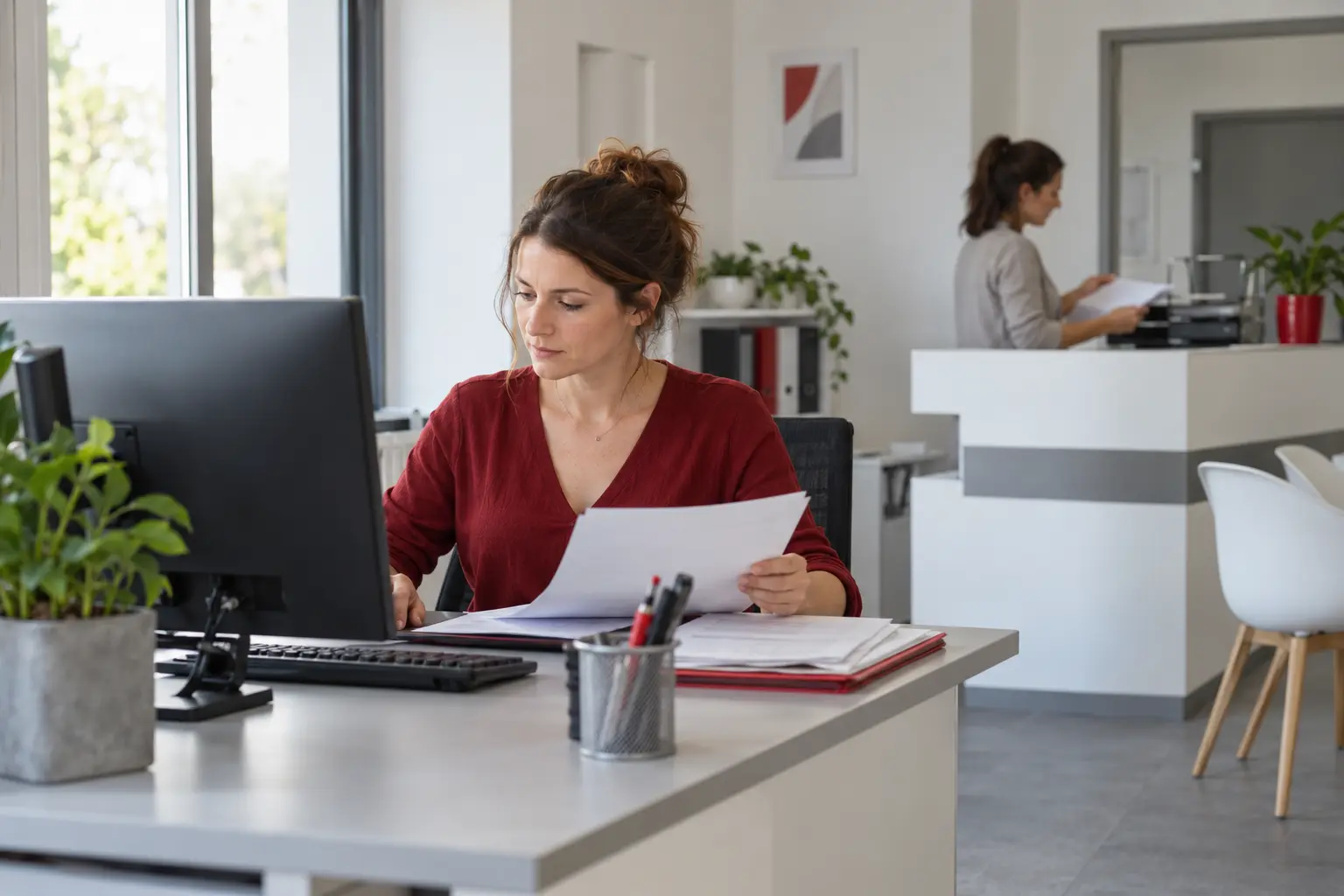 Dans le bureau administratif d’un petit cabinet médical, une personne prépare un dossier de consultation à son ordinateur tandis qu’une collègue organise l’accueil au fond.