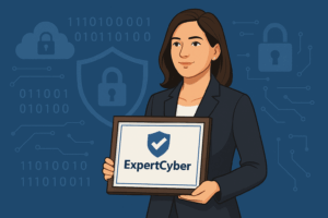 Illustration professionnelle représentant une femme tenant un certificat ExpertCyber, symbole de reconnaissance en cybersécurité. Image mettant en avant la labellisation nationale de 8TECH pour son expertise en sécurité informatique.