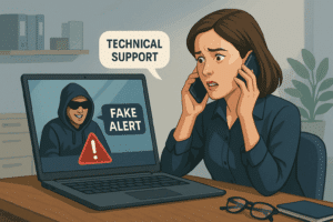 Illustration d’une femme inquiète en communication avec un faux support technique affiché sur son ordinateur. L’image représente une tentative d’arnaque avec alerte frauduleuse, typique des escroqueries téléphoniques ciblant les entreprises.