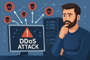 Illustration d’un administrateur informatique face à une attaque DDoS sur un serveur, avec des icônes de menaces et un écran d’alerte. Représentation des risques sur l’infrastructure et de l’importance des mesures de cybersécurité.