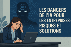 Illustration d’une femme préoccupée devant son ordinateur, avec une silhouette menaçante d’intelligence artificielle en arrière-plan. Image représentant les risques potentiels de l’IA pour les entreprises et la nécessité de solutions de cybersécurité.