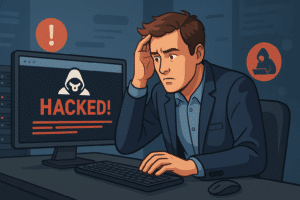 Illustration d’un administrateur web découvrant l’écran de son site piraté affichant le message “HACKED!”. Image illustrant une attaque par défiguration de site web et la nécessité d’une réaction rapide en cybersécurité.