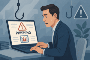 Illustration d’un homme inquiet devant un ordinateur affichant un message de phishing avec un crochet symbolique. Image représentant le risque de hameçonnage et l’importance de la vigilance face aux emails frauduleux en entreprise.