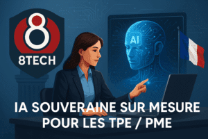 Illustration représentant la souveraineté numérique de l’IA avec le logo de 8TECH. Une professionnelle interagit avec une IA sur-mesure dédiée aux TPE et PME françaises, dans un environnement sécurisé et technologique.