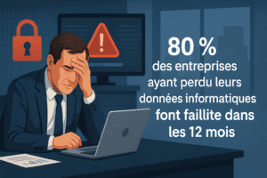 Un chef d’entreprise en détresse face à la perte de données informatiques critiques. Illustration montrant qu’en cas de sinistre, 80 % des entreprises font faillite dans l’année. Cybersécurité et sauvegarde mises en avant.