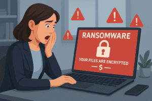 Illustration d’une femme d’affaires paniquée face à une attaque de ransomware sur son ordinateur, affichant un message de fichiers cryptés. Image représentative des menaces de rançongiciels et de l’importance de la prévention en cybersécurité.