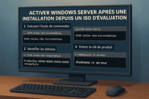 Illustration de la procédure d'activation d'un serveur Windows Server installé depuis un ISO d’évaluation, avec les étapes en ligne de commande DISM affichées sur un écran.