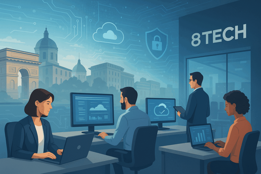 Illustration d’une entreprise informatique à Montpellier – 8TECH, expert en services informatiques, cybersécurité, cloud et infogérance pour PME.