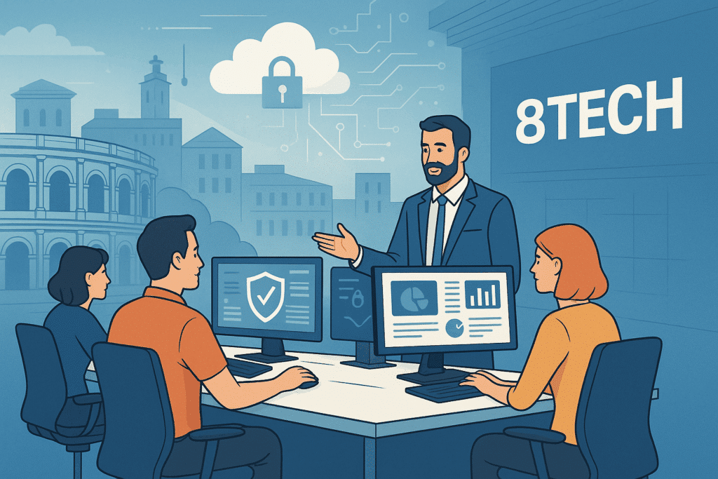 Illustration d’une entreprise informatique à Nîmes – 8TECH, expert en cybersécurité, cloud, support et services IT pour les professionnels du Gard.