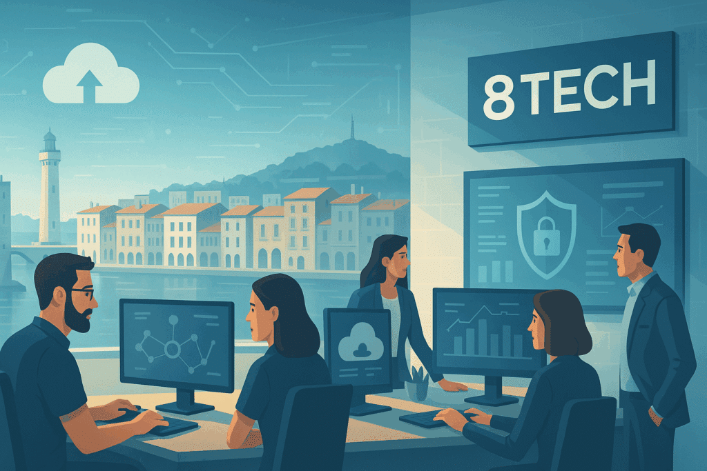Illustration d’une entreprise informatique à Sète – 8TECH, expert en cybersécurité, cloud, support et services IT pour les entreprises sétoises.