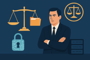 Illustration représentant la responsabilité juridique du dirigeant en matière de protection des données et de cybersécurité, avec balance de justice, données numériques et serveur.