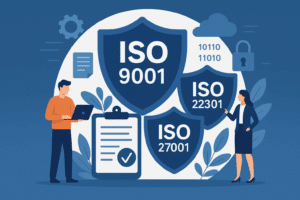 Illustration des certifications ISO 9001, ISO 22301 et ISO 27001 avec accompagnement informatique par 8TECH pour qualité, continuité d’activité et cybersécurité.