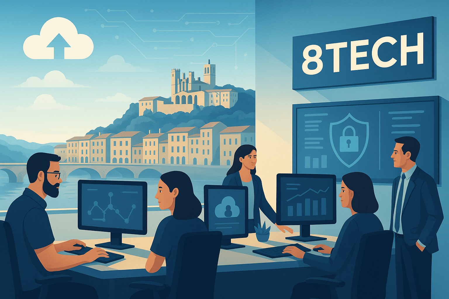 Illustration d’une entreprise informatique à Béziers – 8TECH, expert en cybersécurité, cloud, support et services IT pour les entreprises biterroises.