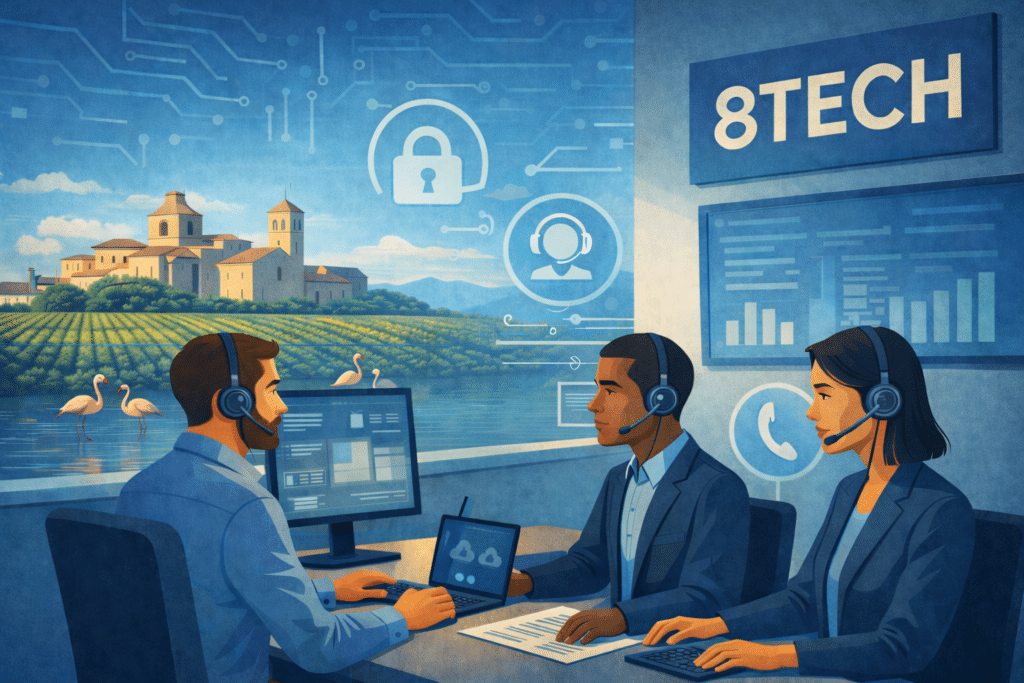 Illustration d’une entreprise informatique à Mauguio – 8TECH, expert en services informatiques, cybersécurité, cloud et infogérance pour PME.